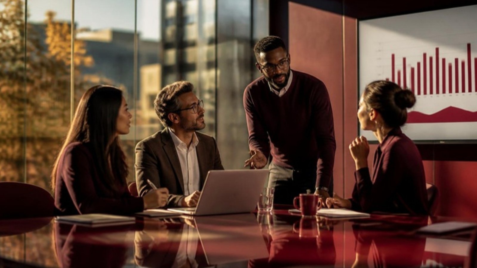 Professionals collaborating around a laptop in a modern meeting room