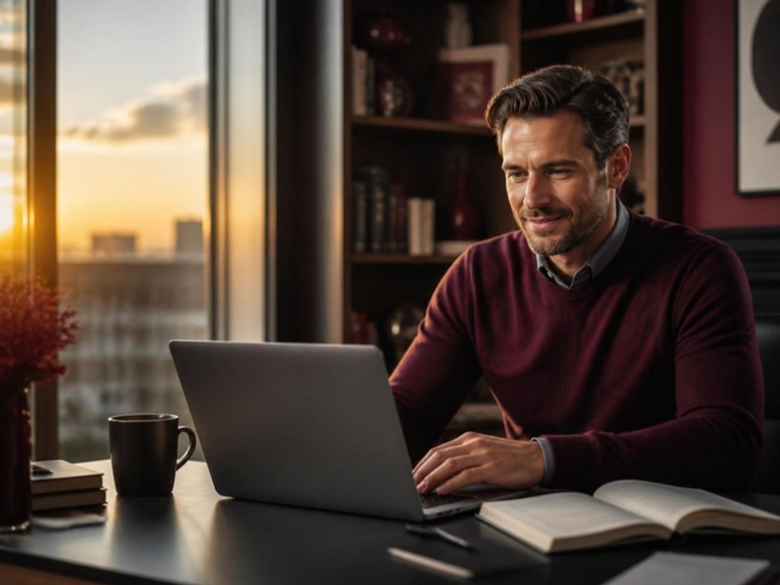 A professional man studying online at a laptop by a sunlit window
