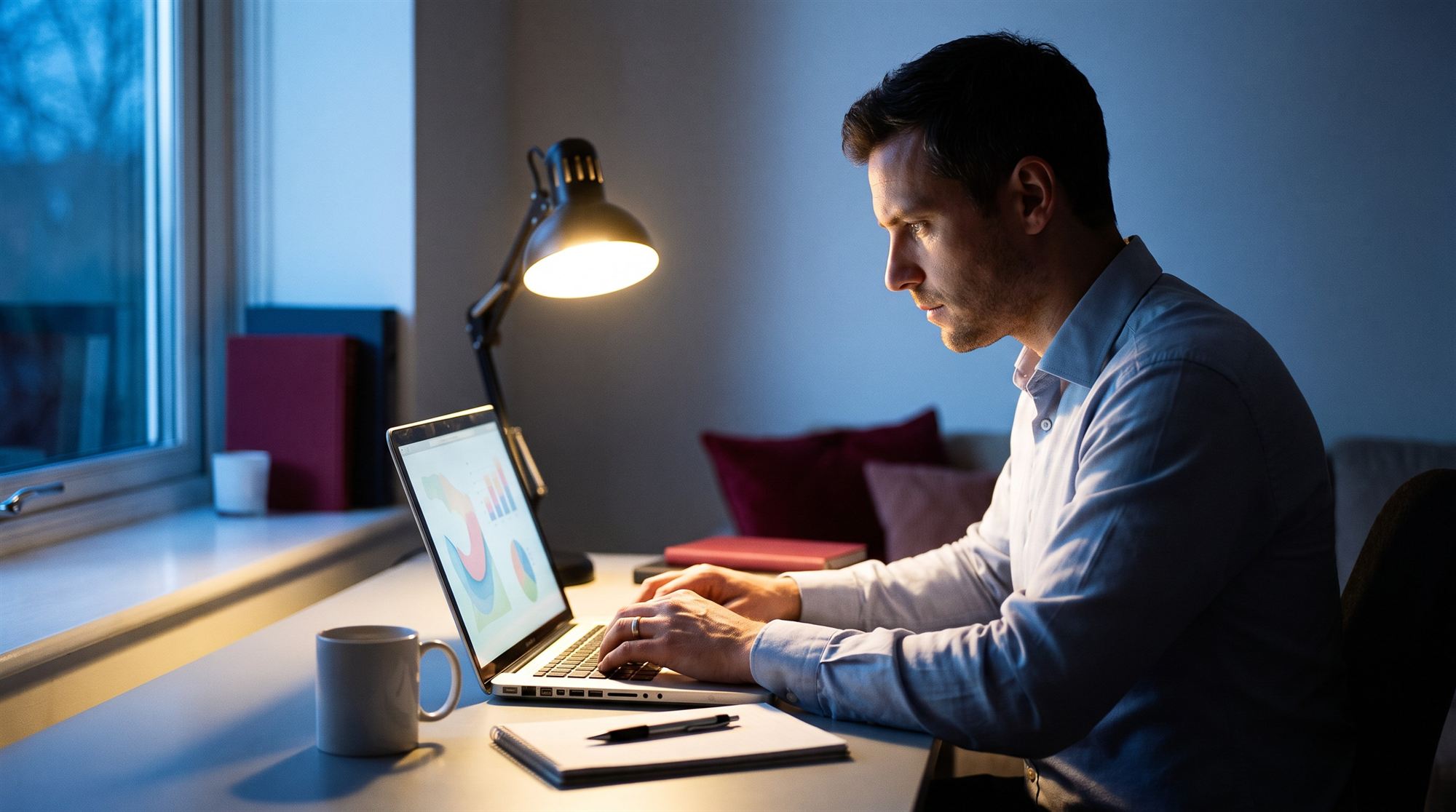A professional studying for a graduate degree online at a home-office desk
